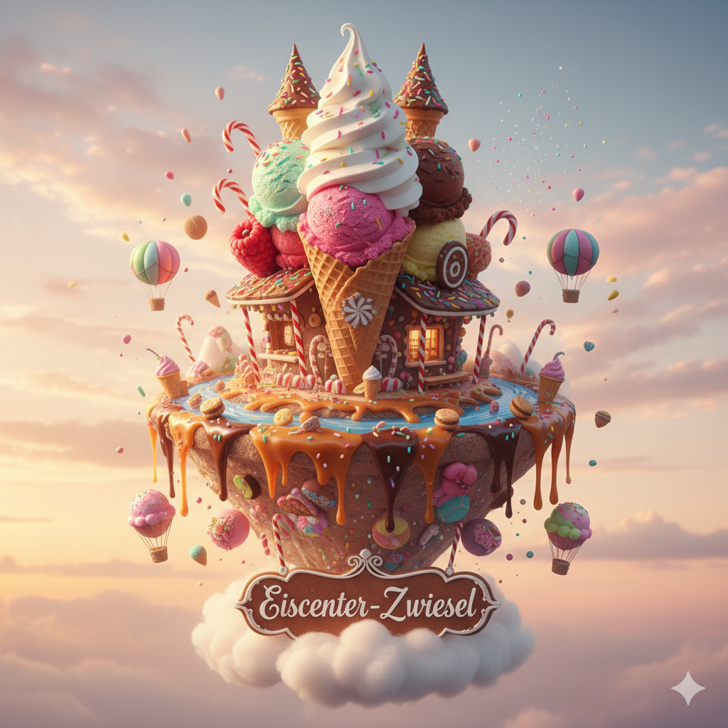 Fantasievolle Eisburg, die über den Wolken schwebt, mit dem Logo Eiscenter-Zwiesel.